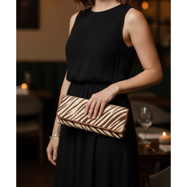 Evening Bag - Zebra Print w/ Flap - Beige - BG-92090BEI